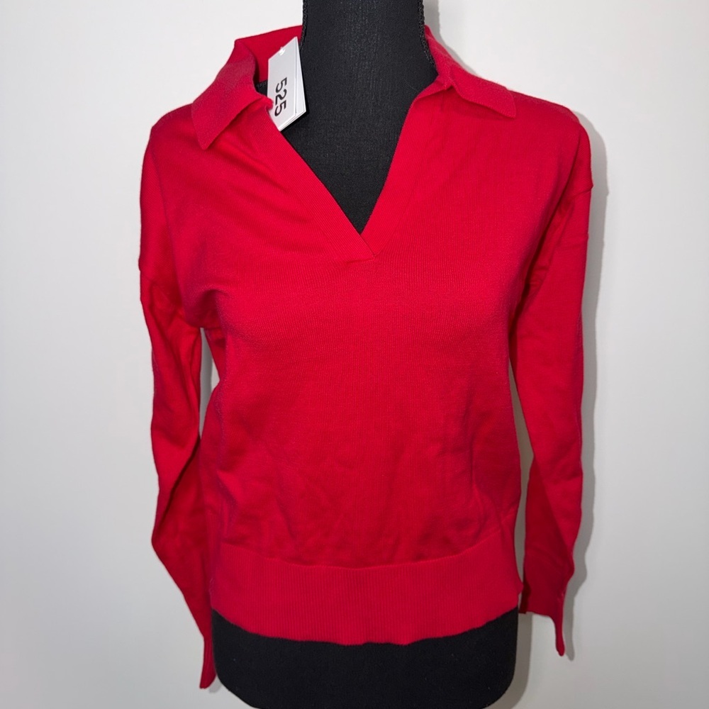 NWT 525 America Bright Red V-Neck Collared Sweater